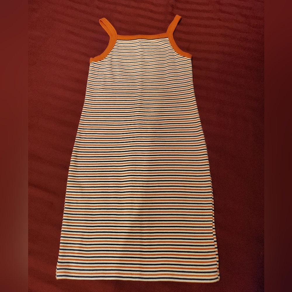 Forever 21 Y2K Square Neck Striped Sleeveless Dress Gold Orange Blue Med Jrs EUC